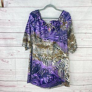 She's Cool Women's Purple Animal Print Short Sleeve‎ Casual Blouse Plus Size XL